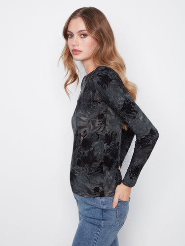 Long-sleeved floral top with exquisite side ruching detail, by Charlie B.