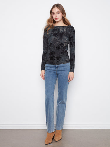 Chic floral patterned top showcasing long sleeves and sleek silhouette, by Charlie B.