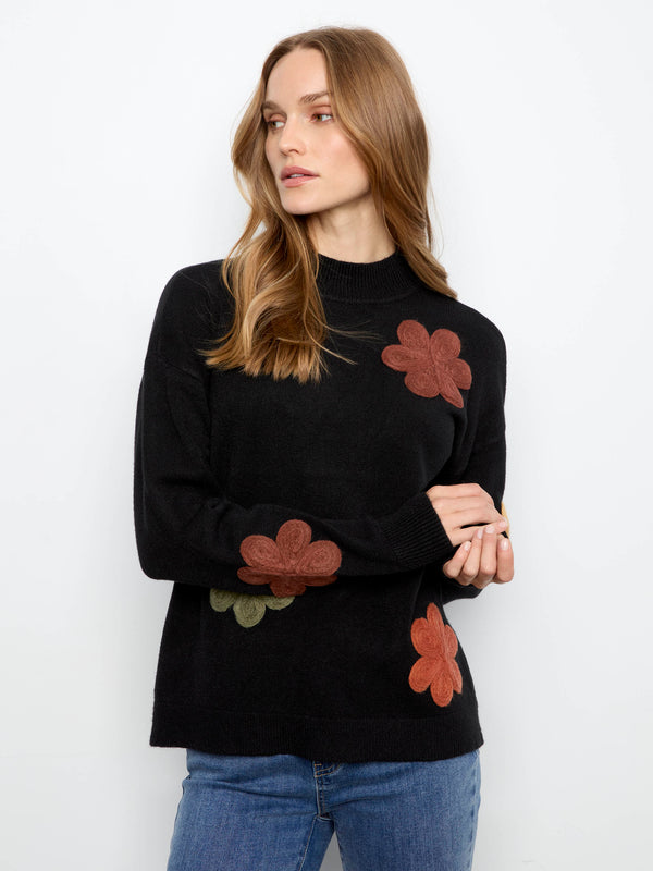 Chandail à appliqués floraux - Noir