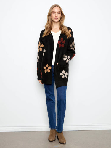 Stylish cardigan featuring an open front design and vibrant floral accents by Charlie B.