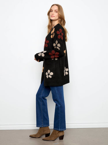 Chic cardigan with practical patch pockets and colorful flower patterns by Charlie B.