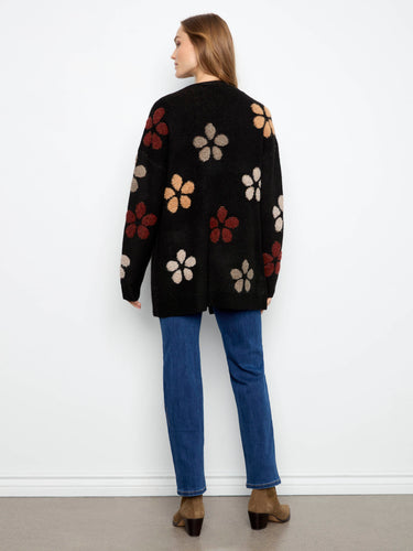 Elegant longline silhouette cardigan adorned with vivid floral designs by Charlie B.