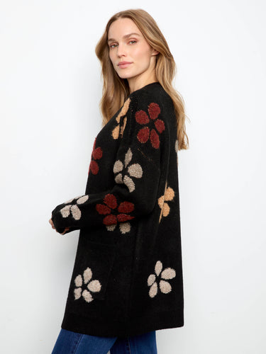 Cozy patch pocket cardigan embellished with lively flower patterns, ideal for layering by Charlie B.