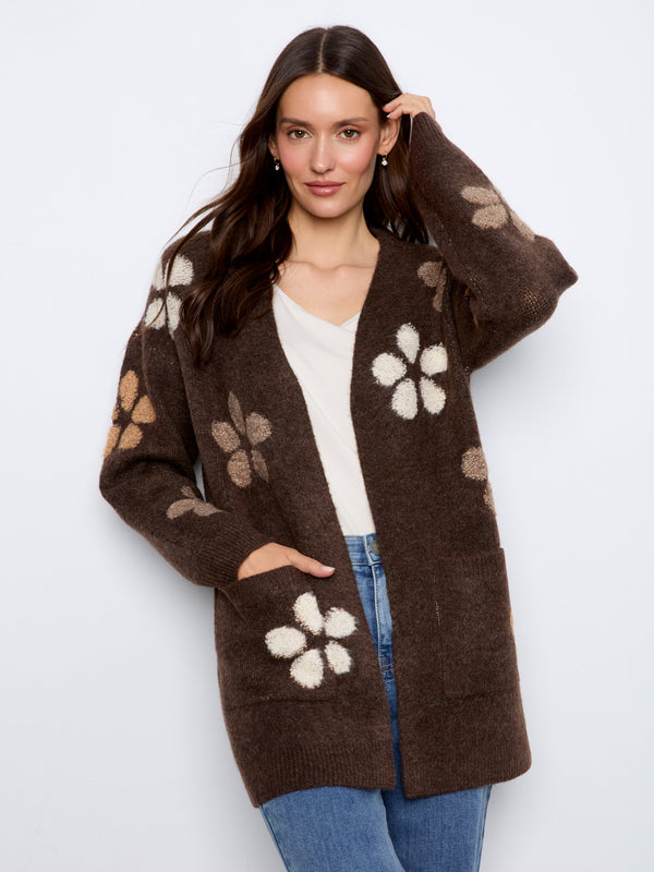 Cardigan à fleurs en bouclé - Cacao Chiné