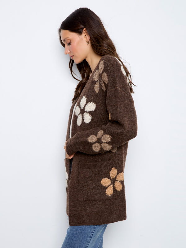 Cardigan à fleurs en bouclé - Cacao Chiné