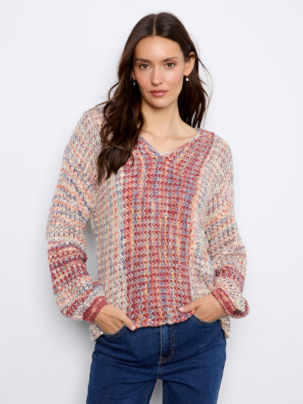 Novelty Knit V-Neck Sweater - Rosebud