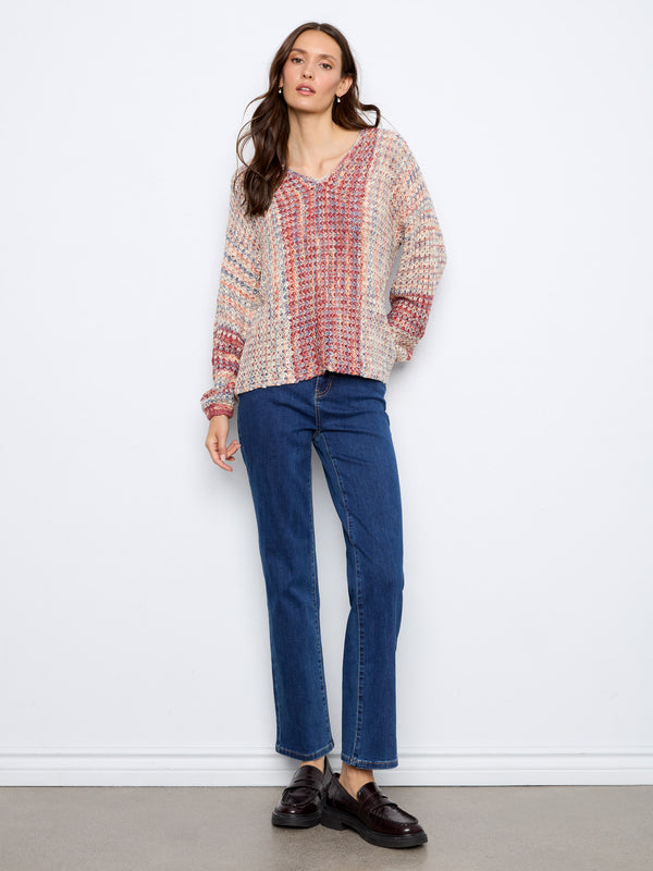 Novelty Knit V-Neck Sweater - Rosebud