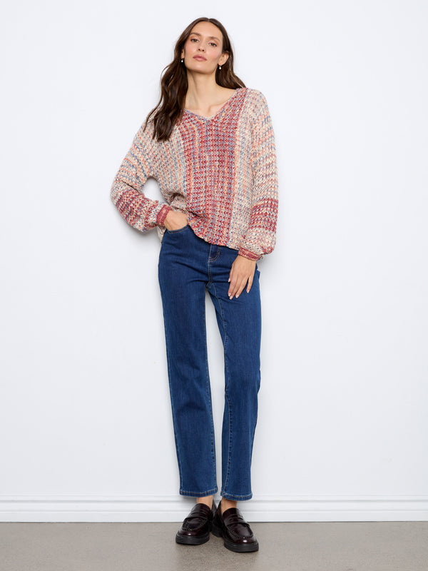 Novelty Knit V-Neck Sweater - Rosebud