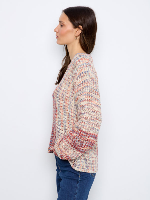 Chandail à col en V en tricot fantaisie - Bouton de Rose