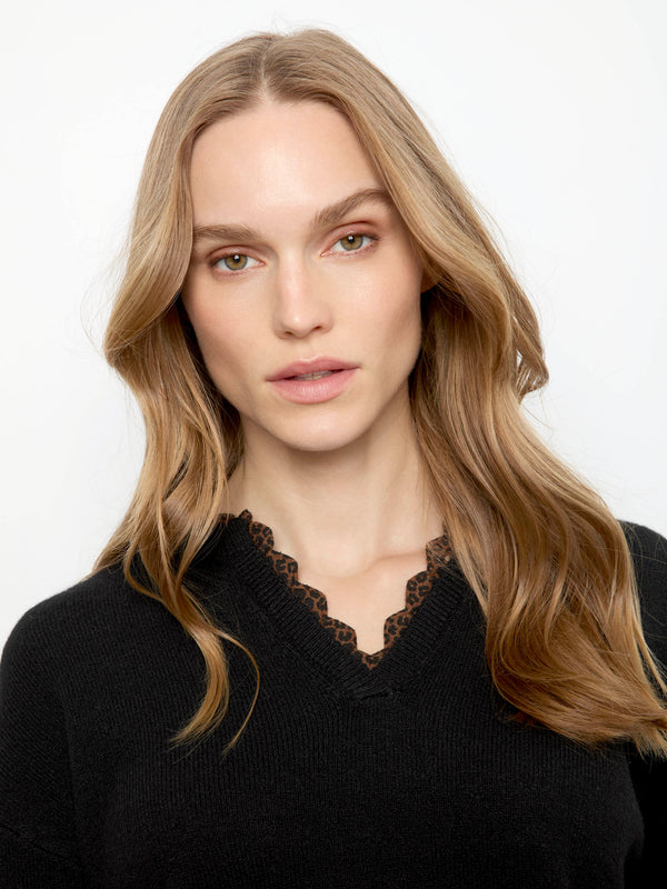 V-Neck Sweater With Woven Trim - Black