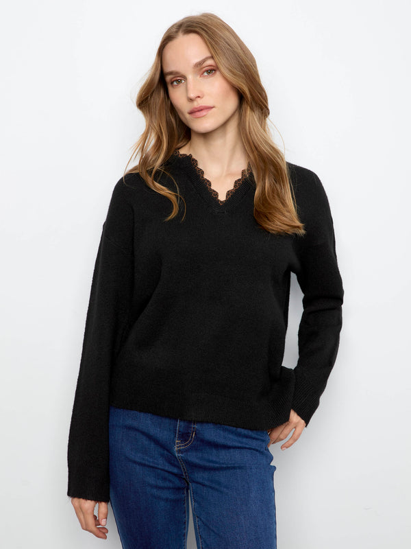 V-Neck Sweater With Woven Trim - Black