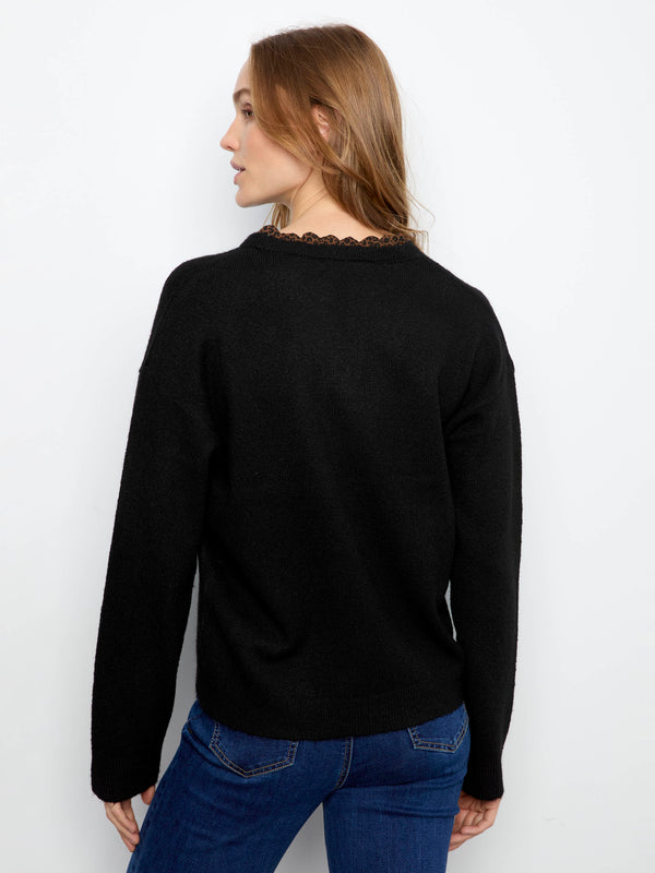 V-Neck Sweater With Woven Trim - Black