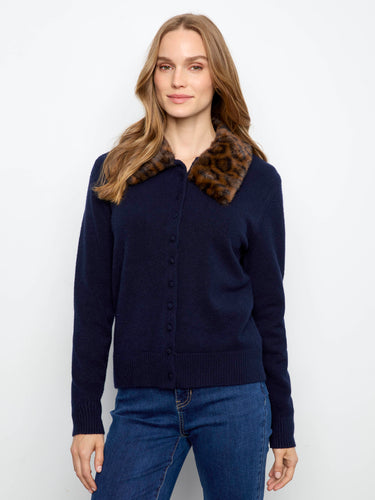 Navy cardigan featuring a stylish button-up front, complete with long sleeves for added warmth by Charlie B.