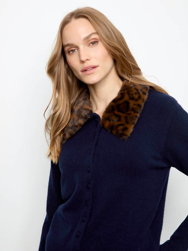 Elegant navy cardigan adorned with a removable faux fur collar, perfect for versatile styling by Charlie B.