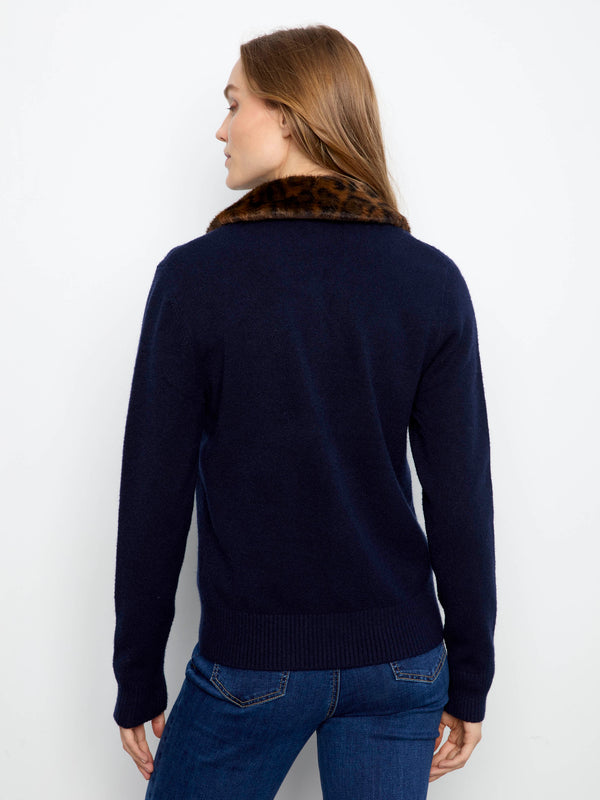 Cardigan à col en fausse fourrure - Marine