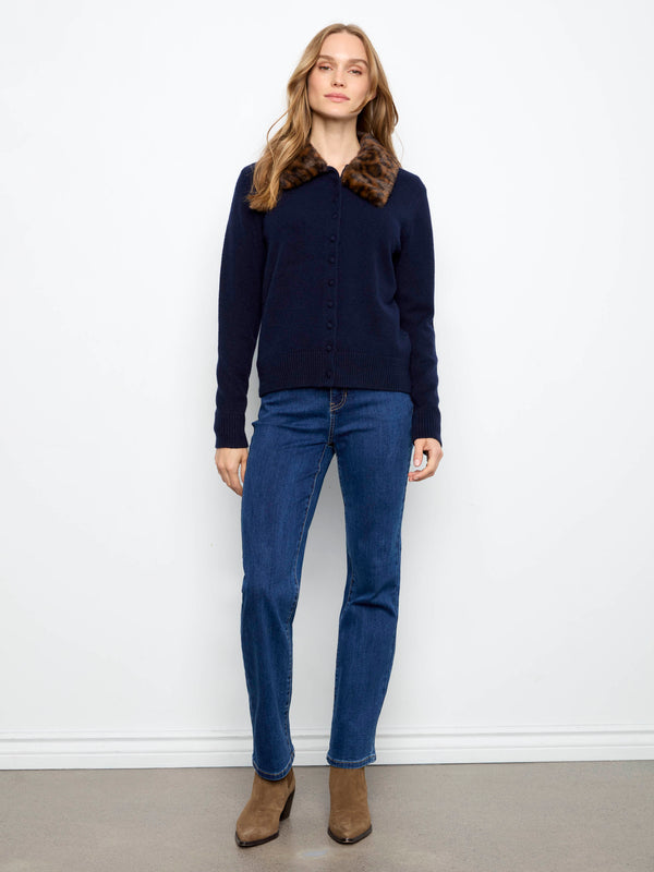 Cardigan à col en fausse fourrure - Marine