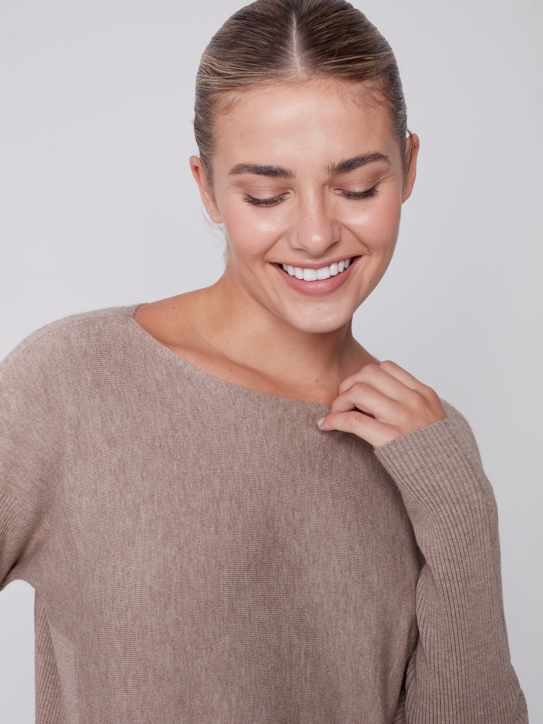 Knit Sweater with Back Lace-up Detail - Truffle