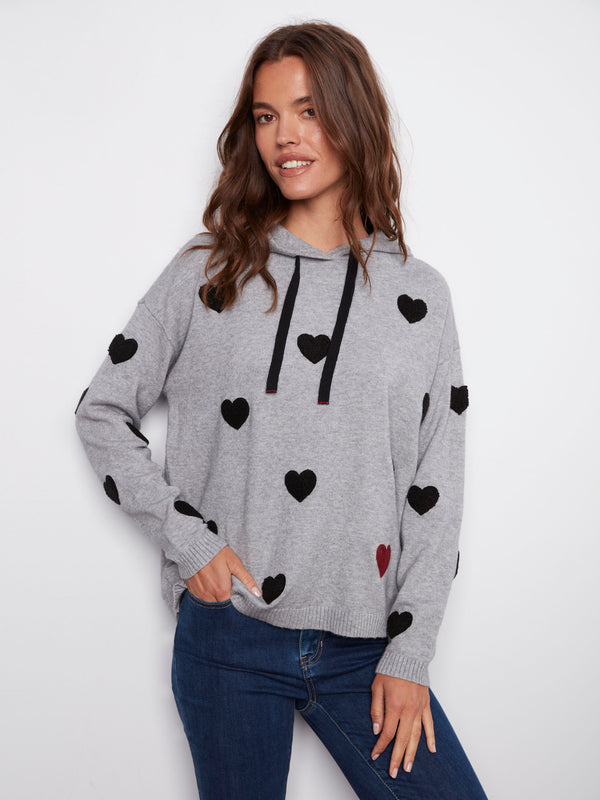 Heather grey hoodie sweater featuring a drop shoulder design and heart patterns for a stylish look by Charlie B.
