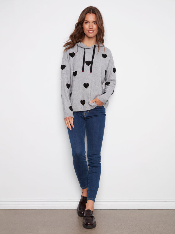 Cozy grey hoodie with embroidered hearts in bouclé, adding texture and charm to your casual wear by Charlie B.