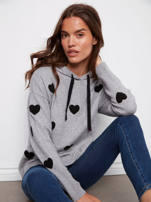 Stylish grey sweater with ribbed cuffs and hem, adorned with heart motifs for a playful touch by Charlie B.