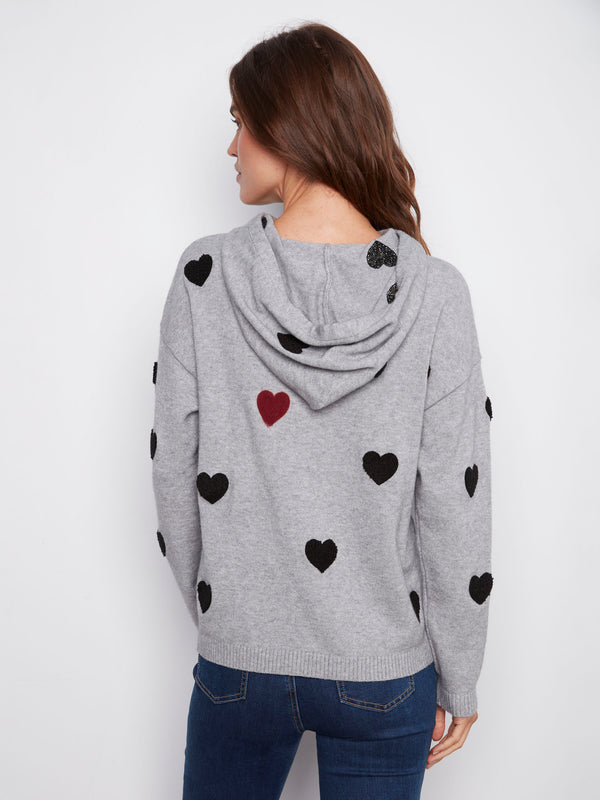 Relaxed fit heather grey hoodie with charming heart patterns, perfect for effortless style by Charlie B.