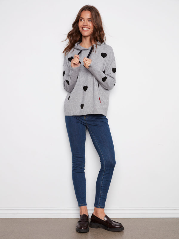 Embroidered Hearts Hoodie Sweater - Heather Grey