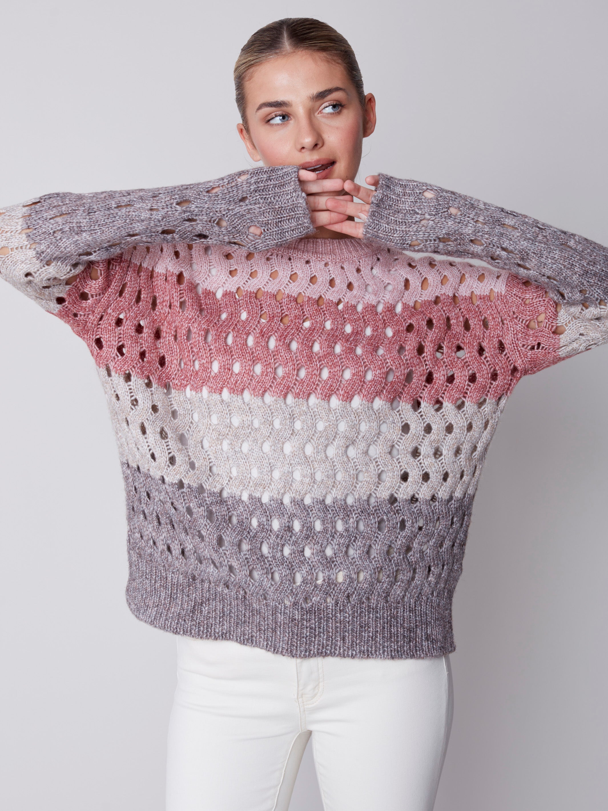 Striped Net Stitch Sweater - Port