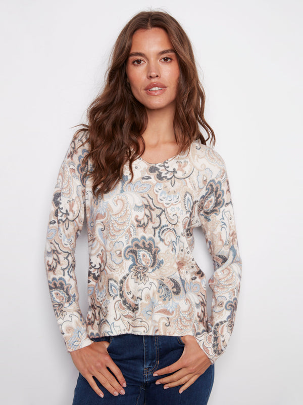Printed Plush Knit V-Neck Sweater - Holland