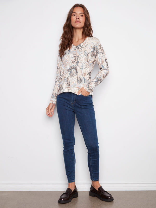 Printed Plush Knit V-Neck Sweater - Holland