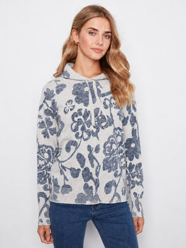 Gray floral printed cotton hoodie with a washed effect, featuring ribbed cuffs and hem by Charlie B.