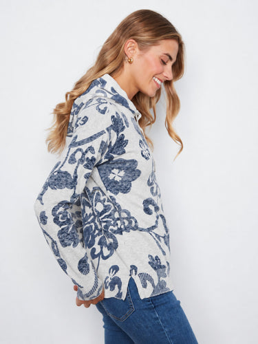 Chic gray floral hoodie with side slits for added style, complete with adjustable drawstring hood by Charlie B.