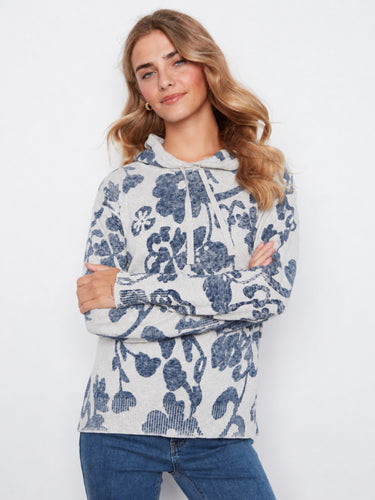 Gray floral hoodie sweater made from 100% cotton, offering comfort and style with its unique washed effect by Charlie B.