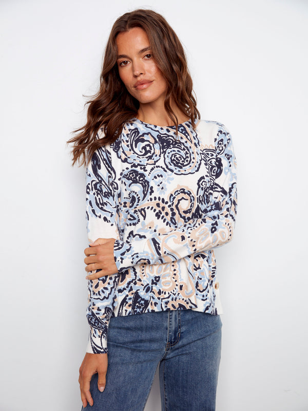 Printed Sweater With Side Buttons - Rococo