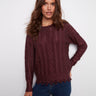 Cable knit sweater in cabernet with a metallic finish, showcasing a chic crew neckline by Charlie B.