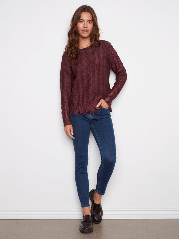 Chic sweater featuring a ripped hem effect in rich cabernet, crafted from 100% cotton by Charlie B.