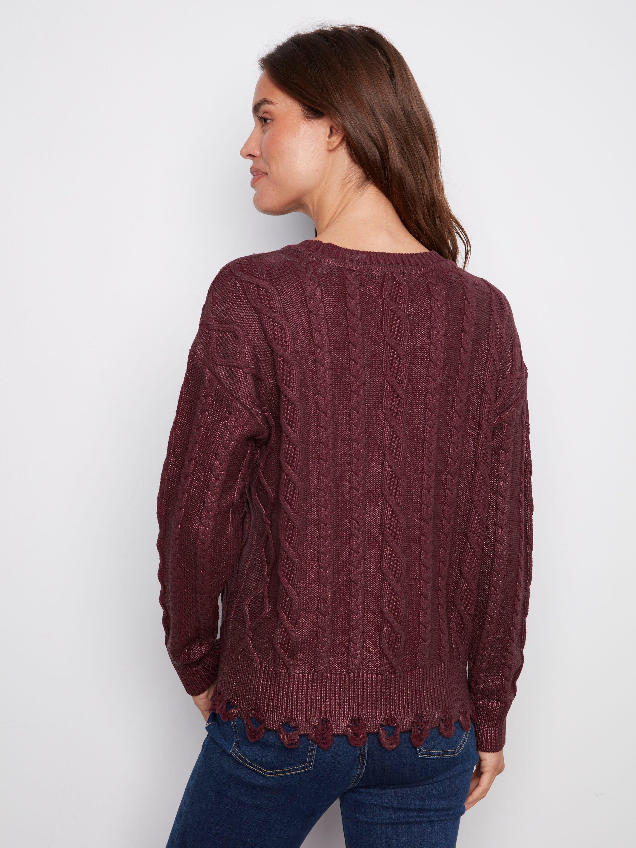 Elegant 100% cotton cabernet sweater with unique ripped hem and exquisite texture by Charlie B.