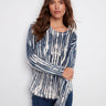 Blue and white abstract printed sweater with a cozy plush texture, offering both style and comfort by Charlie B.