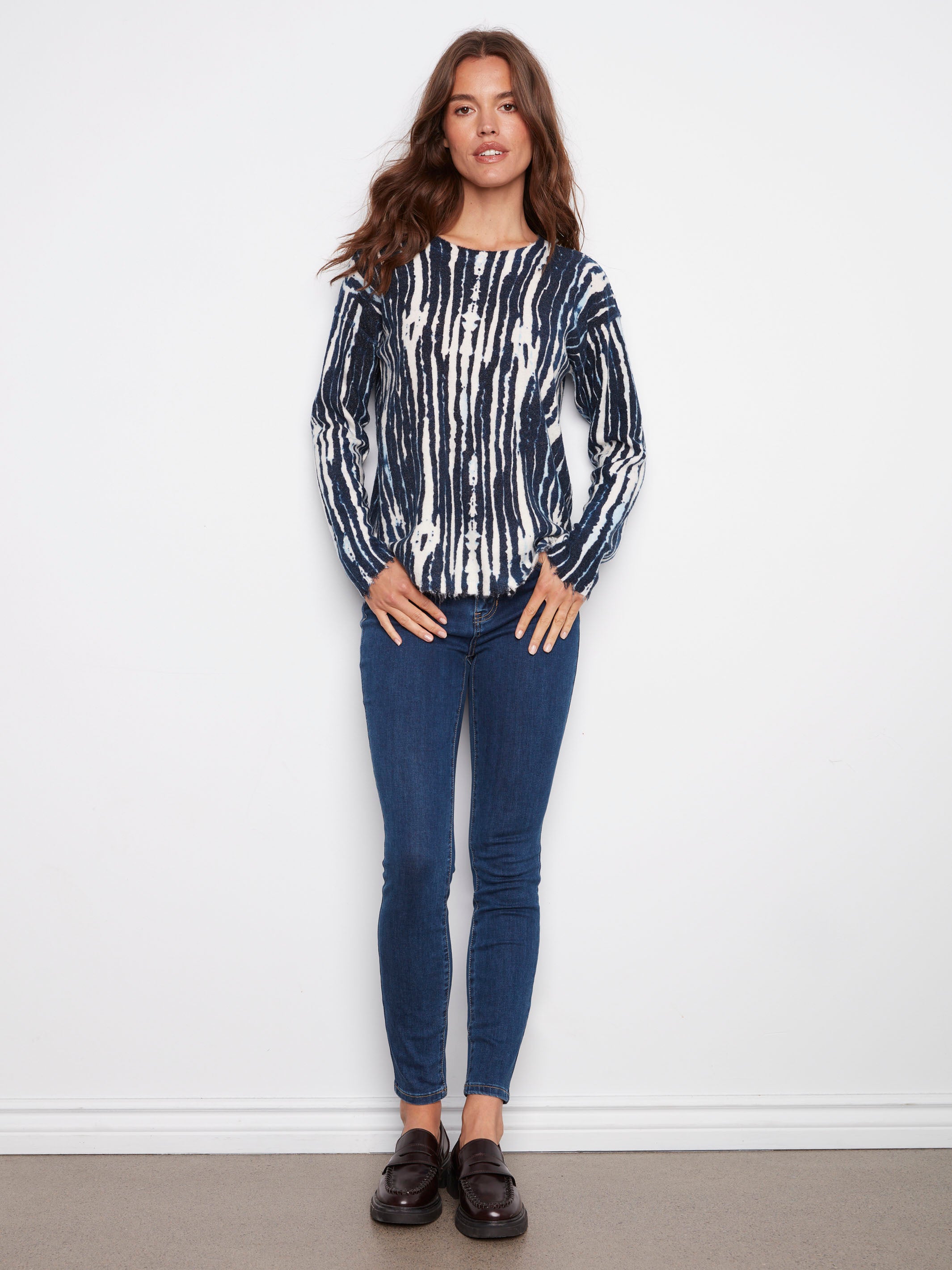 Stylish blue and white printed sweater with chic drop shoulders, perfect for casual outings by Charlie B.