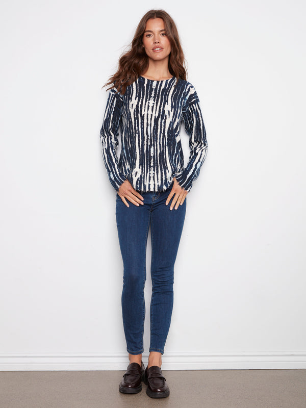 Stylish blue and white printed sweater with chic drop shoulders, perfect for casual outings by Charlie B.