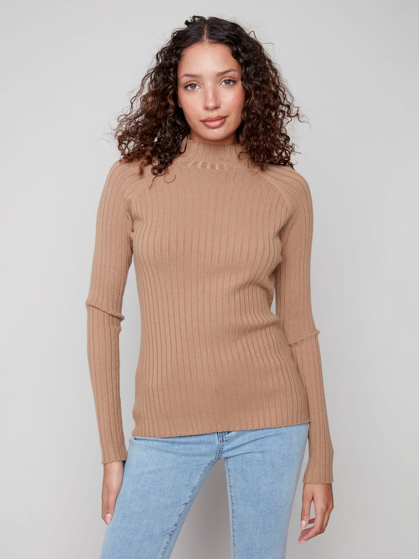 Sophisticated ribbed knit texture on this truffle sweater, designed with a mock neck by Charlie B.