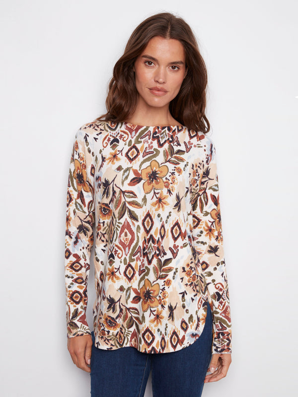 Jacobean sweater featuring a boat neck and abstract floral design, perfect for casual elegance by Charlie B.