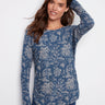 Calico blue sweater featuring a stylish boat neck and abstract floral design for a chic look by Charlie B.