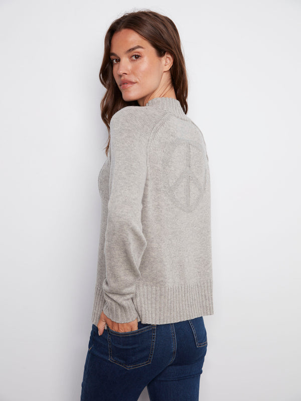 Elegant heather grey sweater showcasing raglan sleeves and a PEACE jacquard pattern for ultimate comfort by Charlie B.