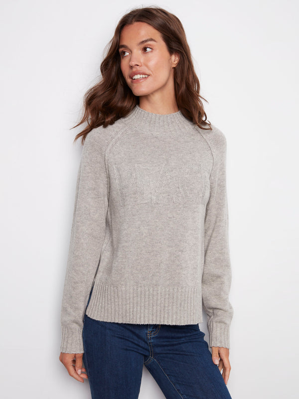 Heather grey sweater featuring raglan sleeves and elegant PEACE jacquard pattern for versatile styling options by Charlie B.