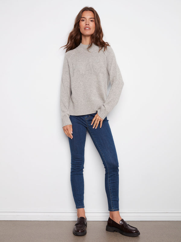 Jacquard Mock Neck Peace Sweater - Heather Light Grey
