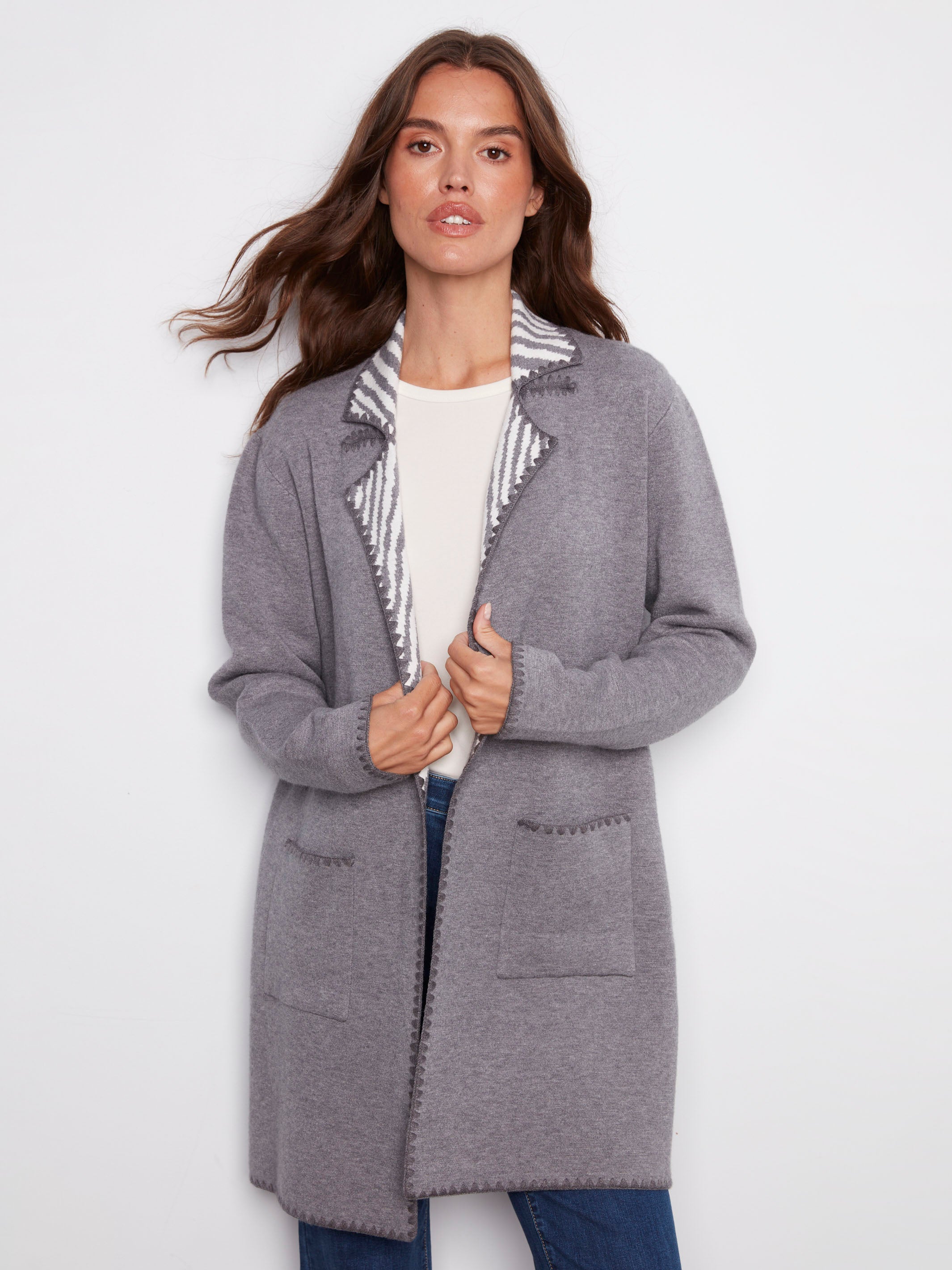 Heather grey cardigan featuring an open front design with stylish contrast interior by Charlie B.