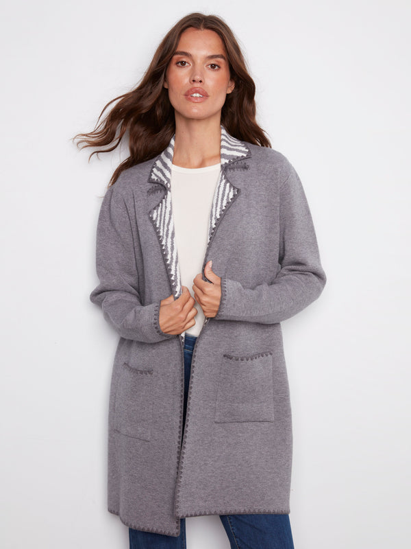 Heather grey cardigan featuring an open front design with stylish contrast interior by Charlie B.
