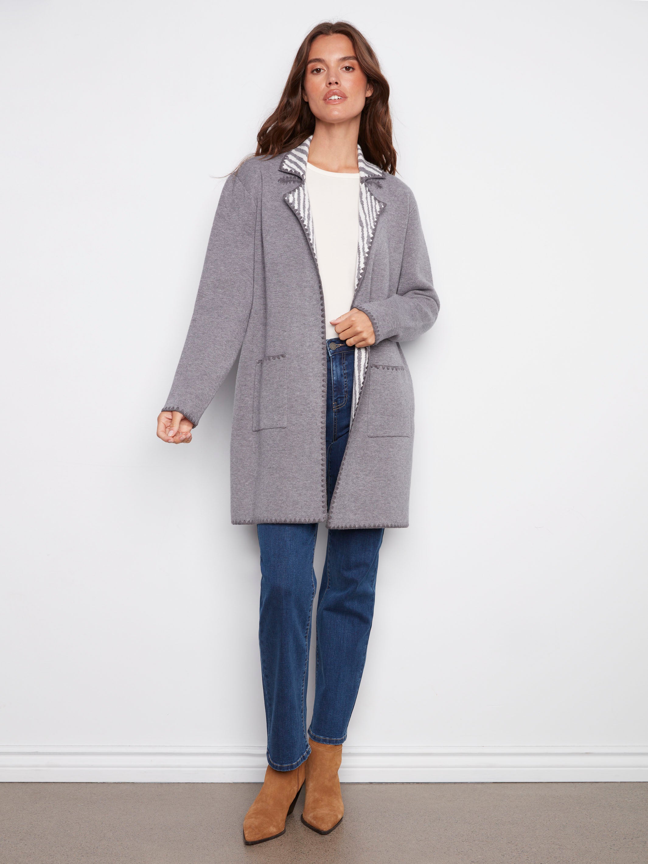 Grey cardigan showcasing blanket stitch detail and a chic open front by Charlie B.