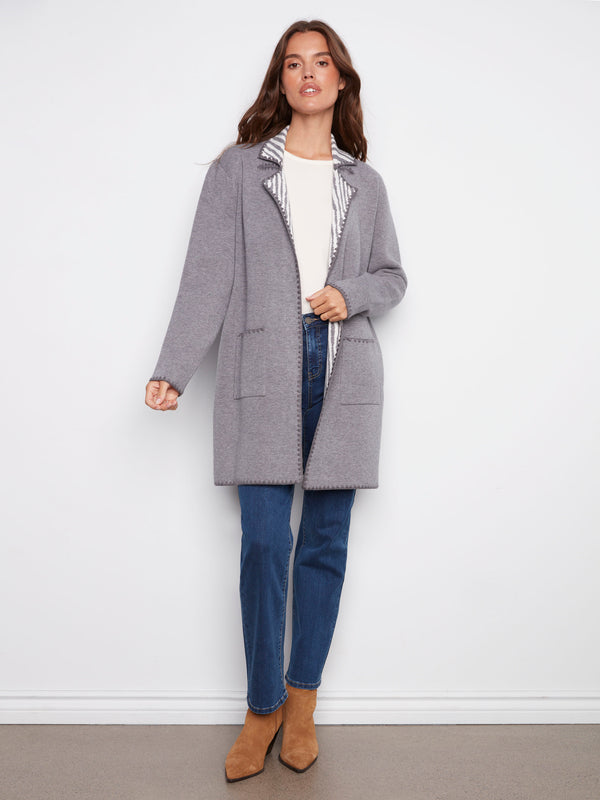 Grey cardigan showcasing blanket stitch detail and a chic open front by Charlie B.
