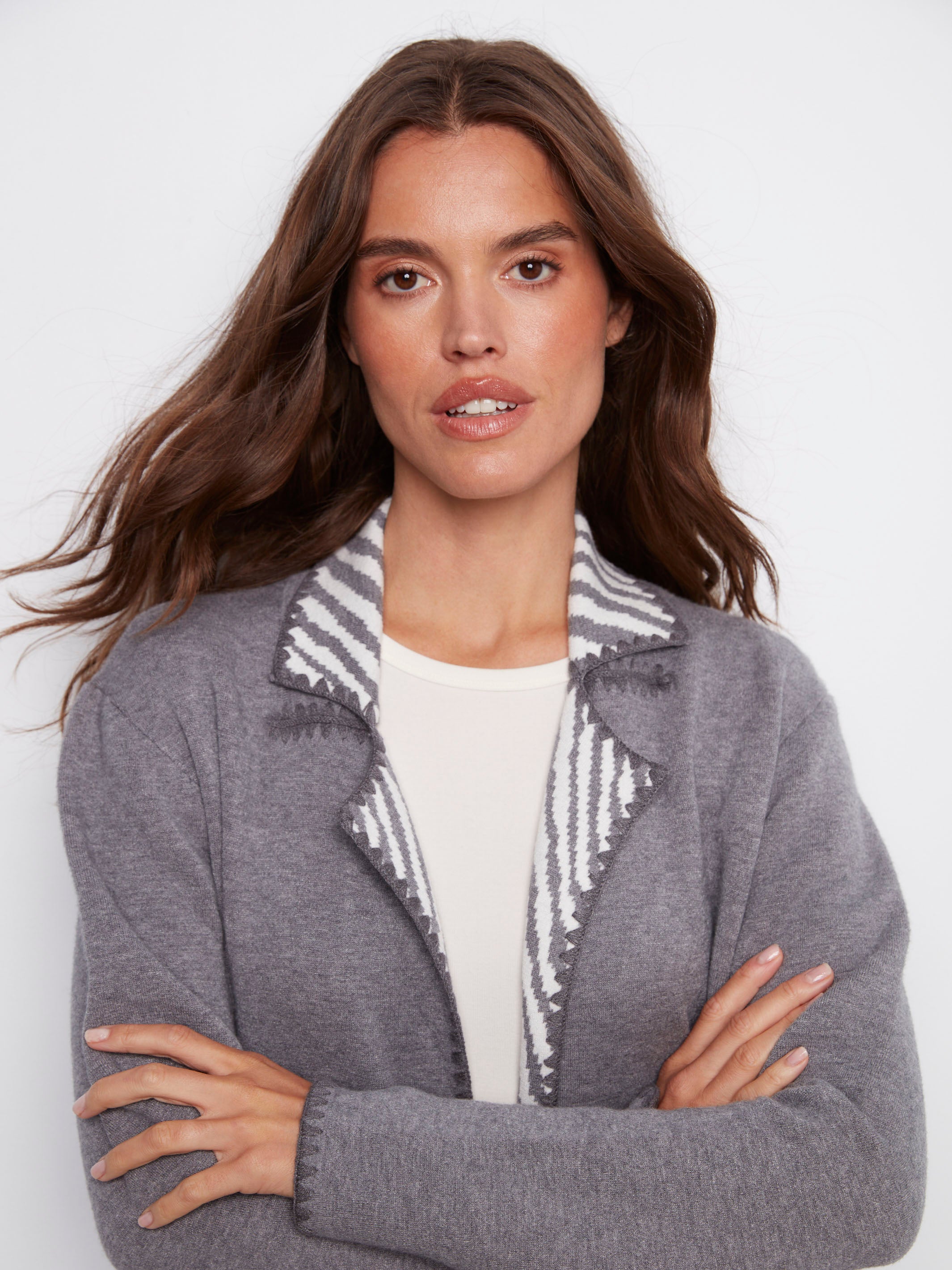 Elegant heather grey cardigan with practical patch pockets and a cozy feel by Charlie B.